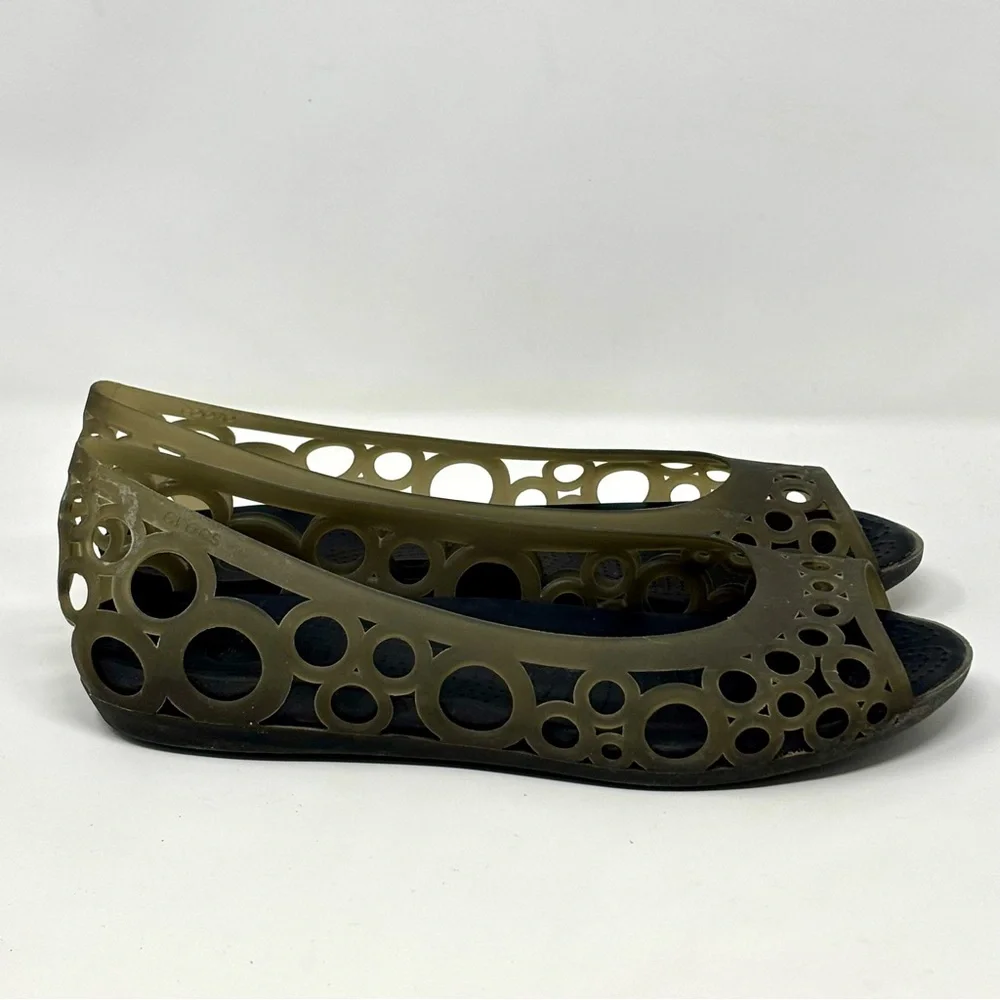Crocs Adrina Jelly Peep Toe Slip On Ballet Flat Shoes Womens Size 11 Army Green